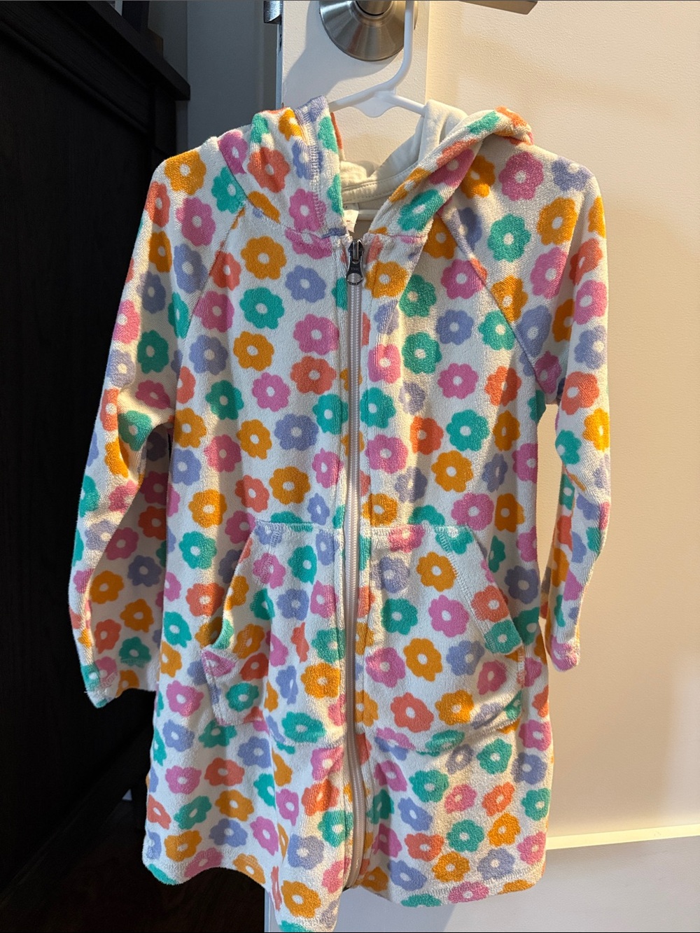 Kids Long Sleeve Loop Terry Hoodie Cover Up - White with Multicolor Flower
